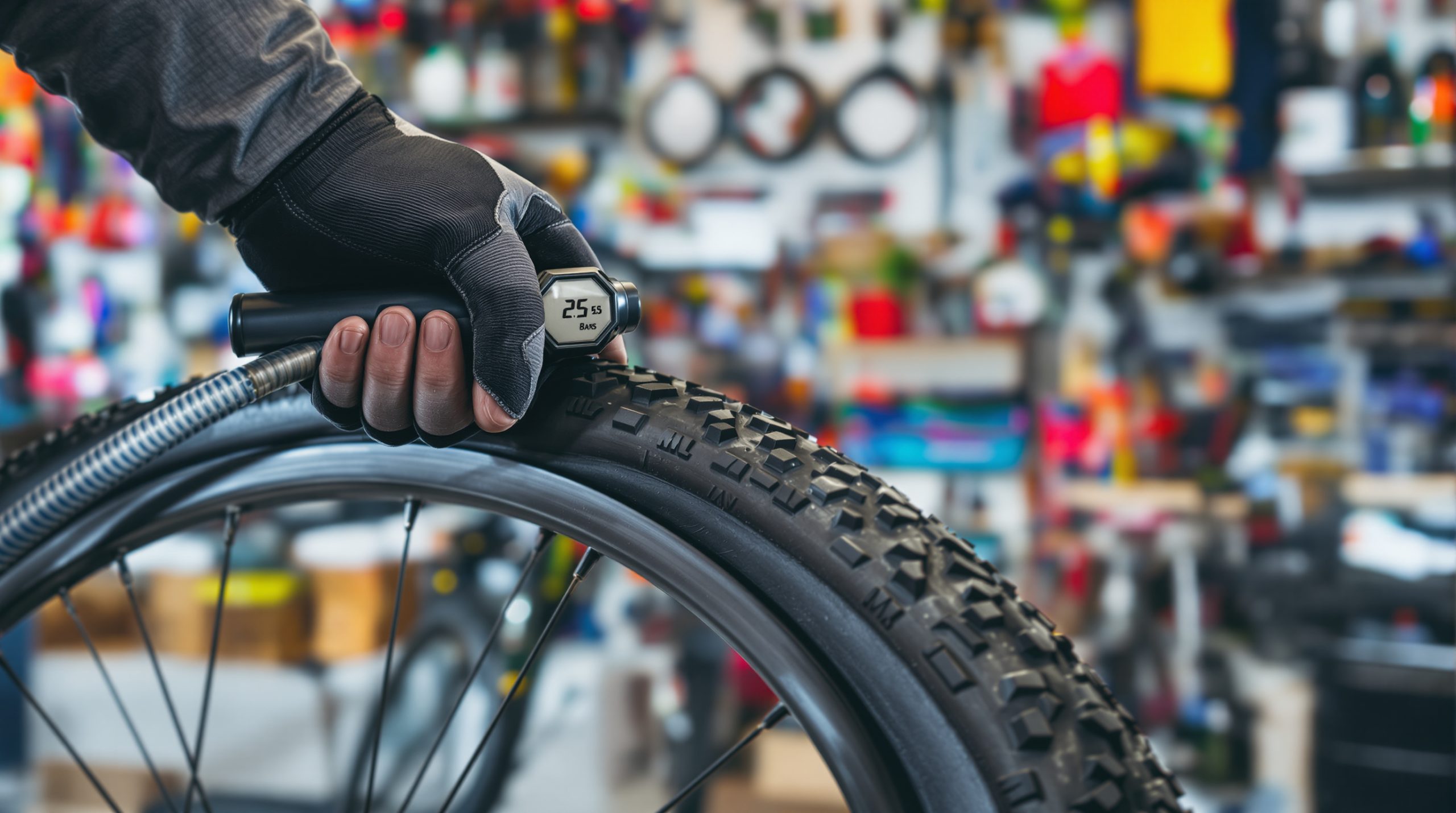 Contrôle de la pression d'un pneu de vélo avec un manomètre de précision.