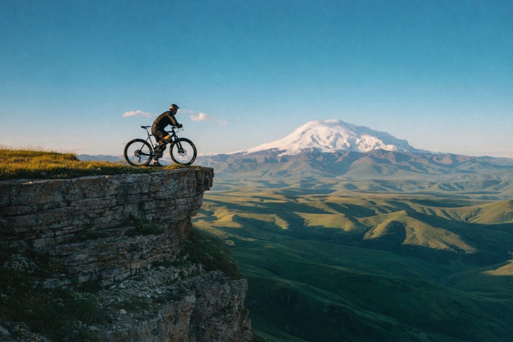 VTT enduro en haut d'une falaise dans un paysage montagneux