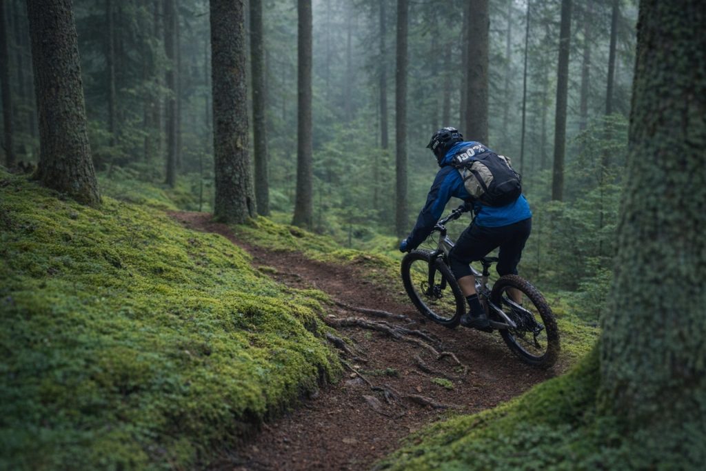 Cycliste endu en descente dans les sous bois