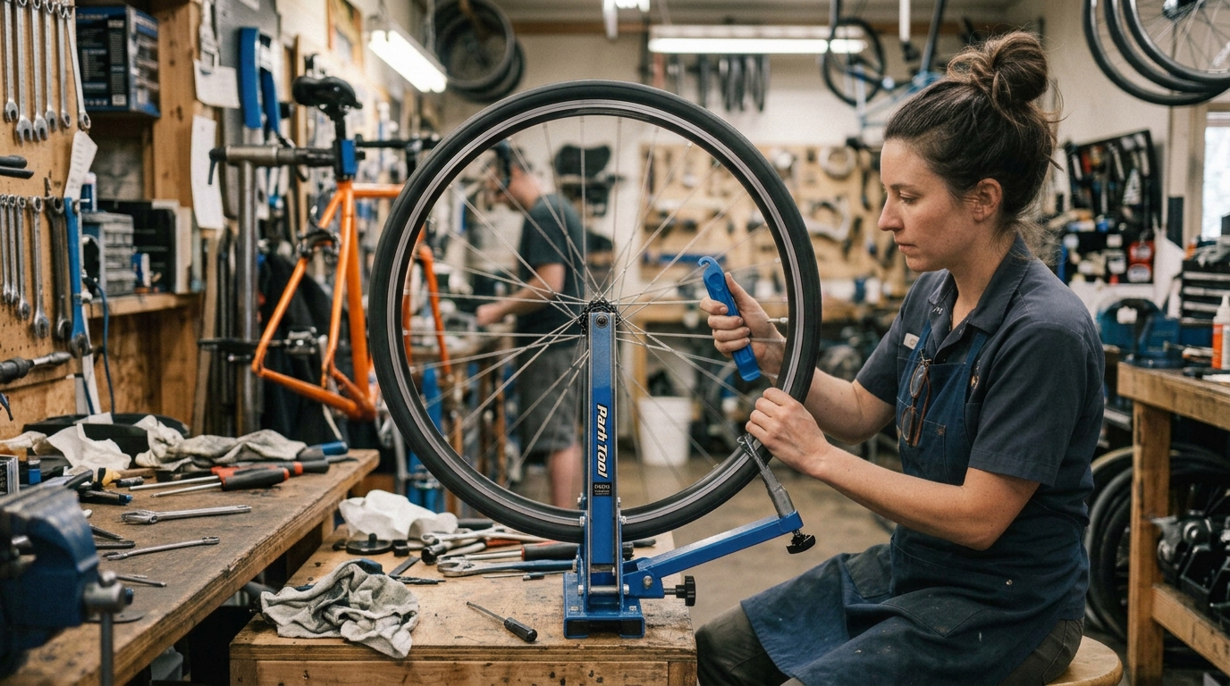 dévoilage de roue de vélo en atelier