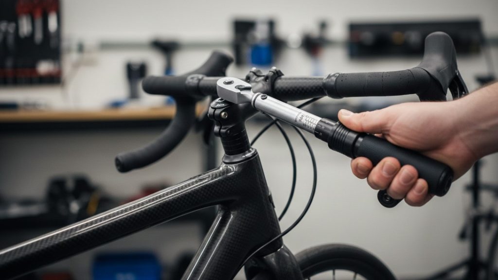 Utilisation d'une clé dynamométrique mécanique pour le serrage précis des vis d'une potence de vélo de route en carbone dans un atelier professionnel.