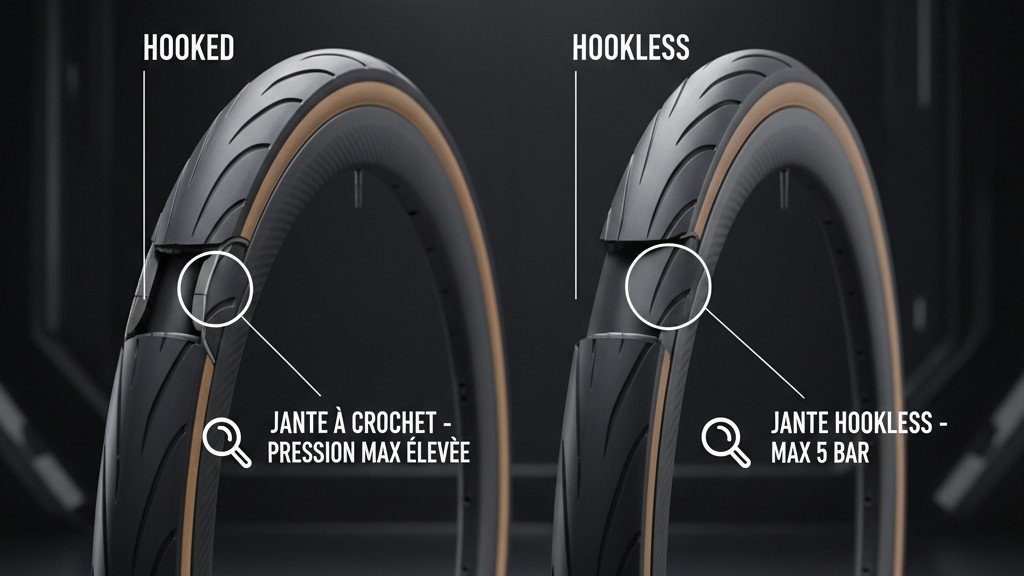 Comparatif technique entre une jante de vélo à crochets (hooked) et une jante sans crochets (hookless) avec vue en coupe montrant la fixation du pneu tubeless.