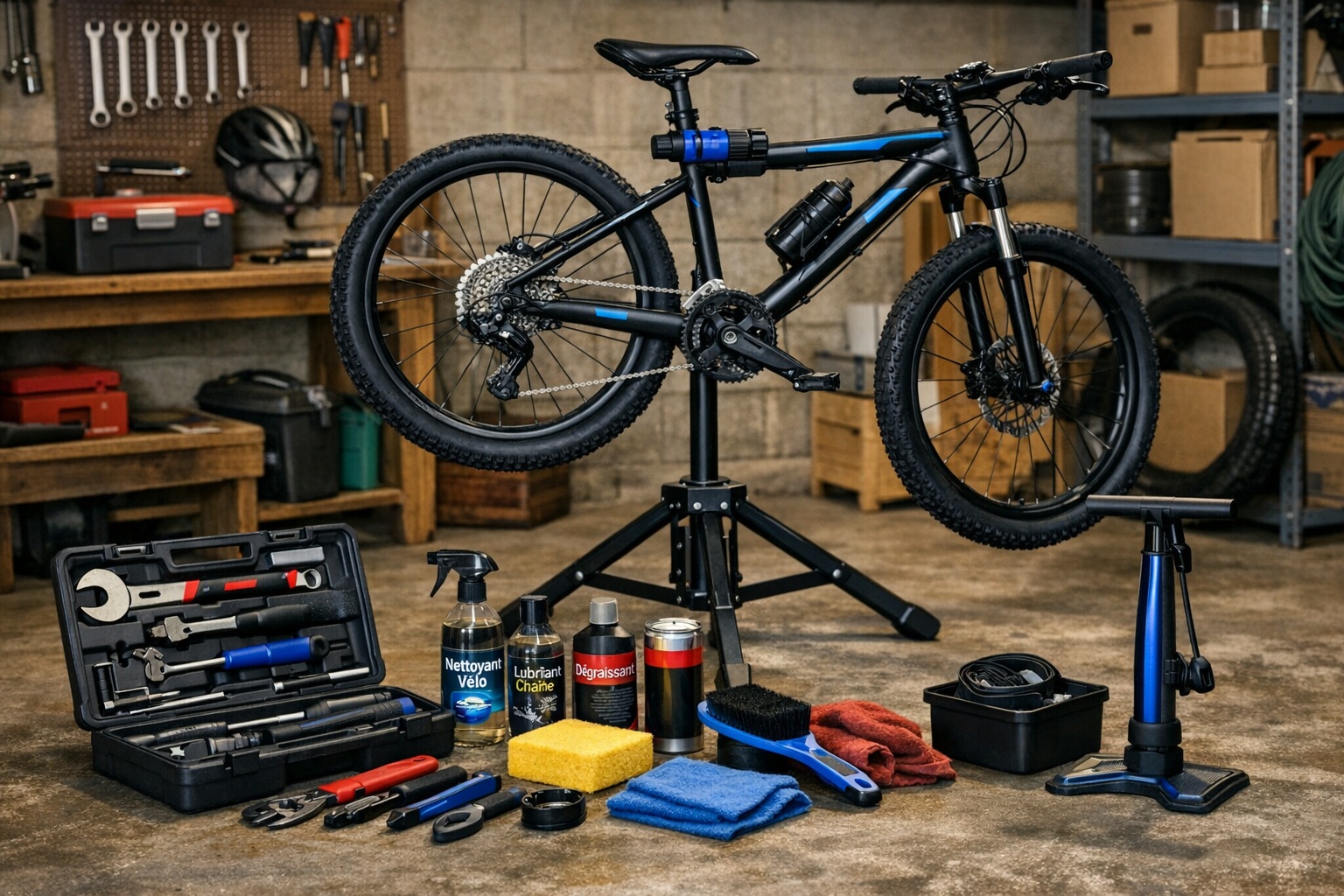 Vélo sur pied d'atelier dans un garage à domicile, avec l'outillage adapté