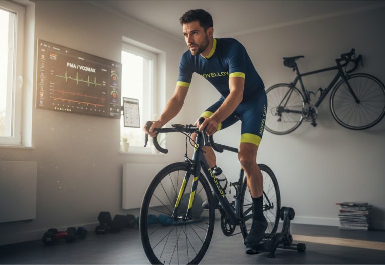 Cycliste sur home-trainer effectuant un test de PMA dans un salon moderne, avec écran affichant des données de puissance et de VO2max.