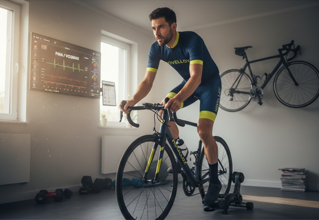 Cycliste sur home-trainer effectuant un test de PMA dans un salon moderne, avec écran affichant des données de puissance et de VO2max.