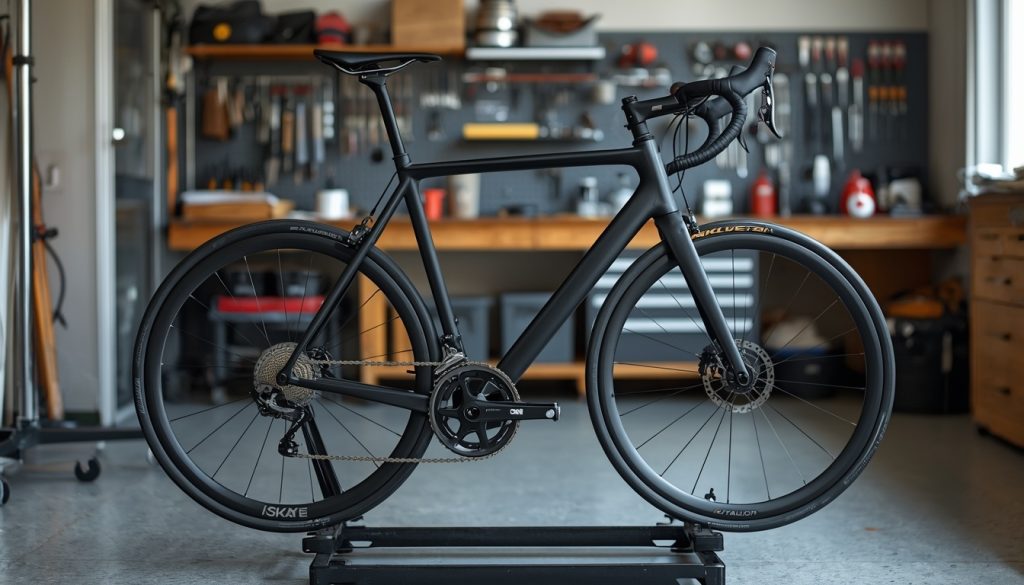 Atelier d'entretien vélo à domicile avec un vélo de route sur un pied de réparation