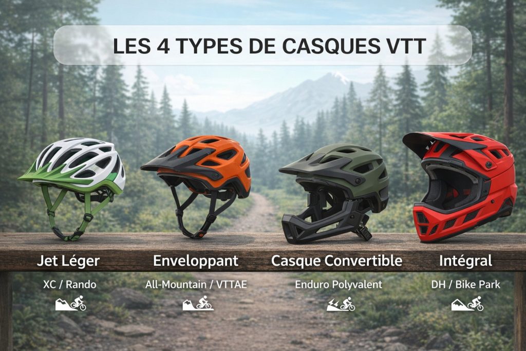 4 types de casques VTT présentés côte à côte: Jet, enveloppant, convertible, intégral