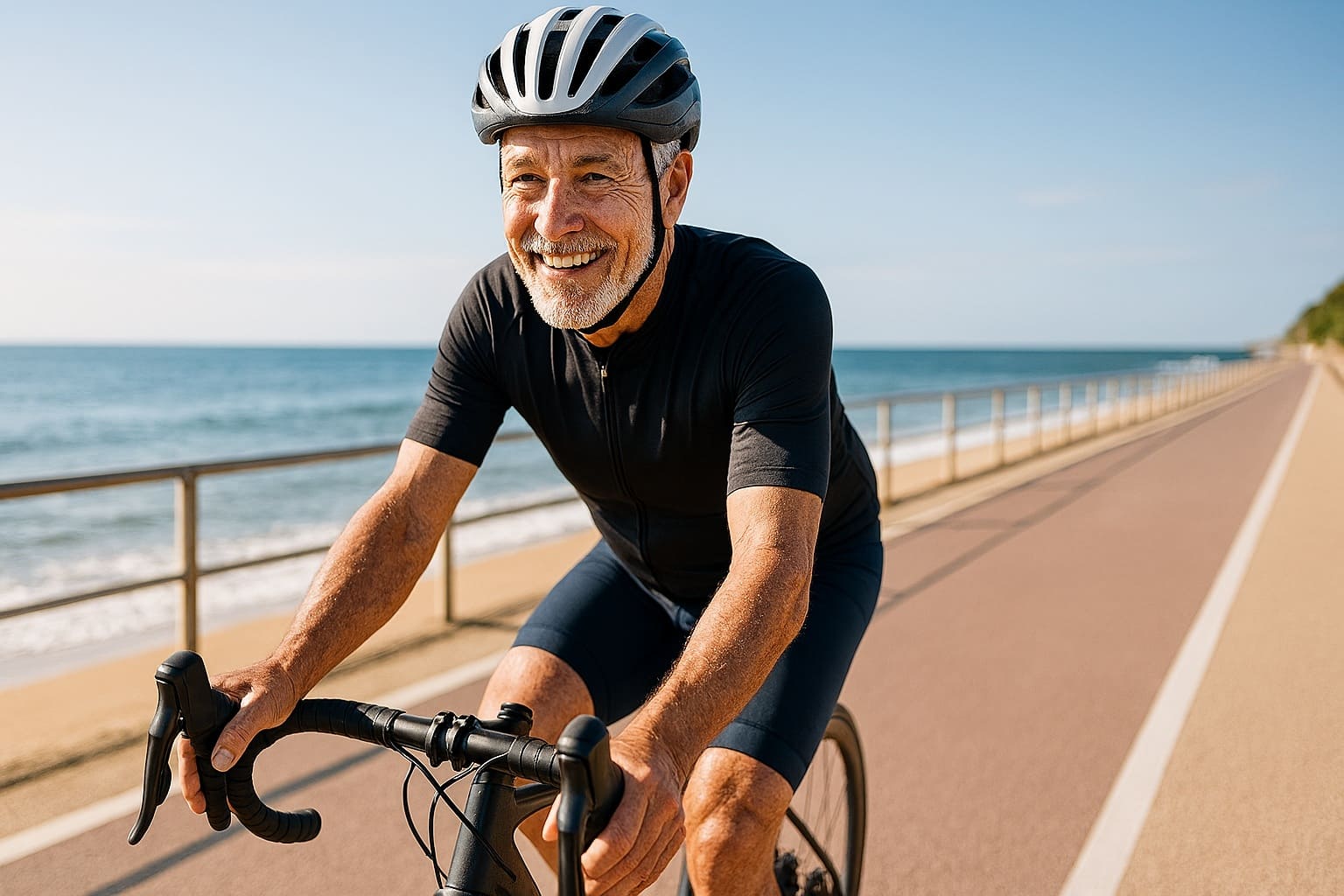 Cycliste senior souriant de 65 ans roulant sur un vélo de route endurance sur une piste cyclable ensoleillée.