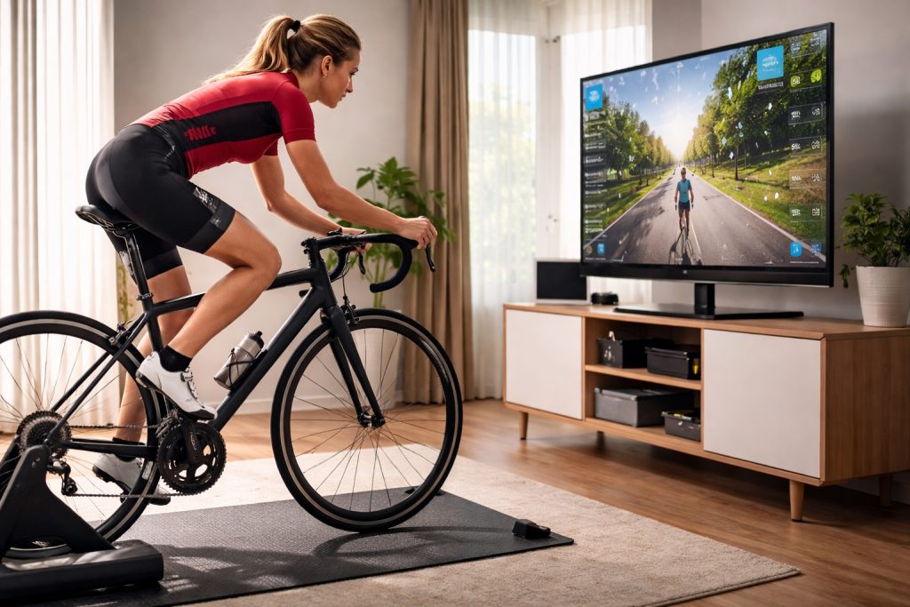 Femme dans son salon en plein entrainement sur Home Trainer