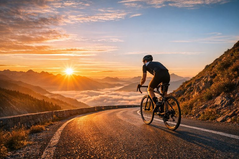Cycliste en montée au lever du soleil