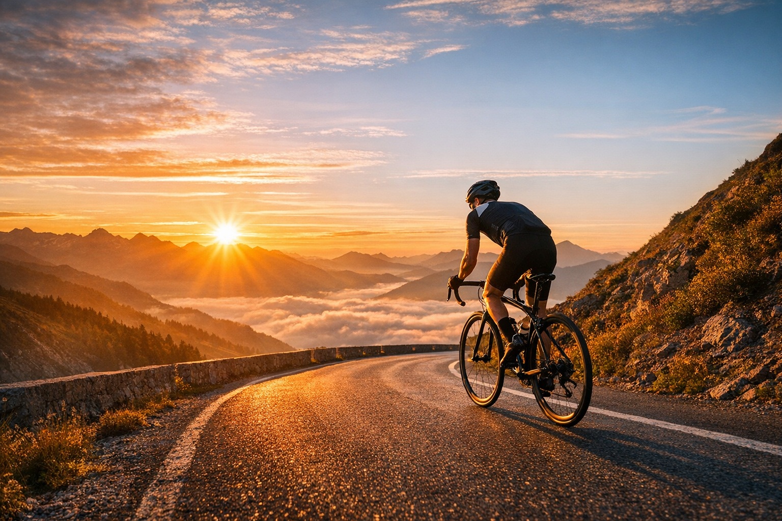 Cycliste en montée au lever du soleil