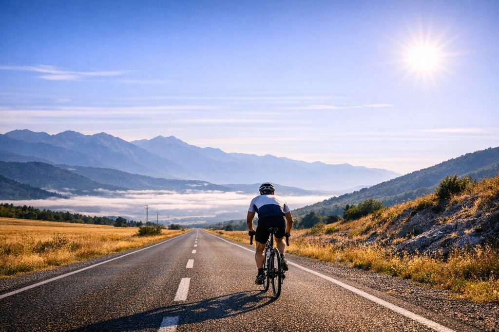 Cycliste en endurance sur une longue route droite