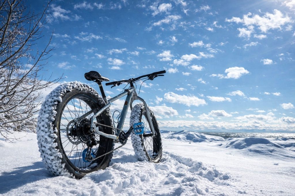 Vélo de type fat bike avec pneus basse pression pour rouler sur la neige en plein hiver.